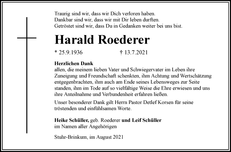 Traueranzeige von Harald Roederer von Regionale Rundschau/Syker Kurier