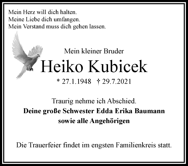 Traueranzeige von Heiko Kubicek von WESER-KURIER