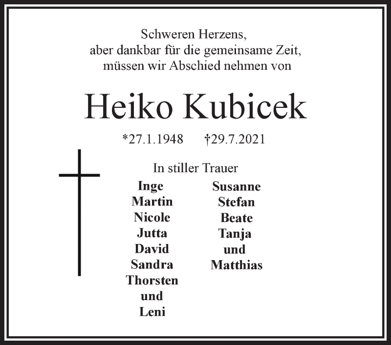 Traueranzeige von Heiko Kubicek von WESER-KURIER