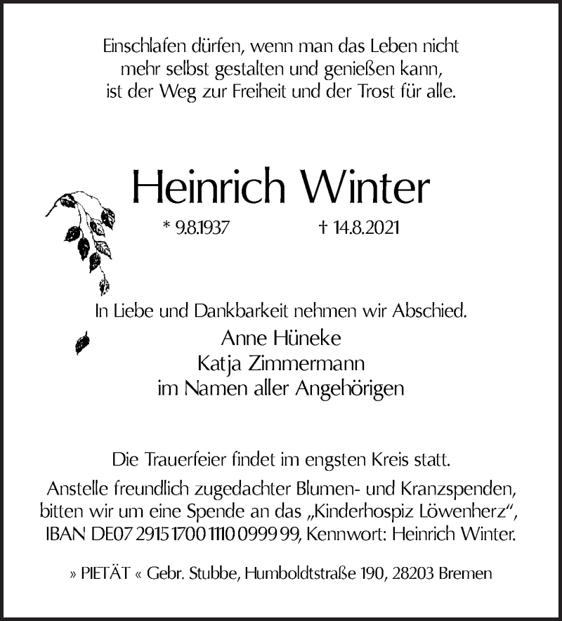 Traueranzeige von Heinrich Hermann Johann Winter von WESER-KURIER
