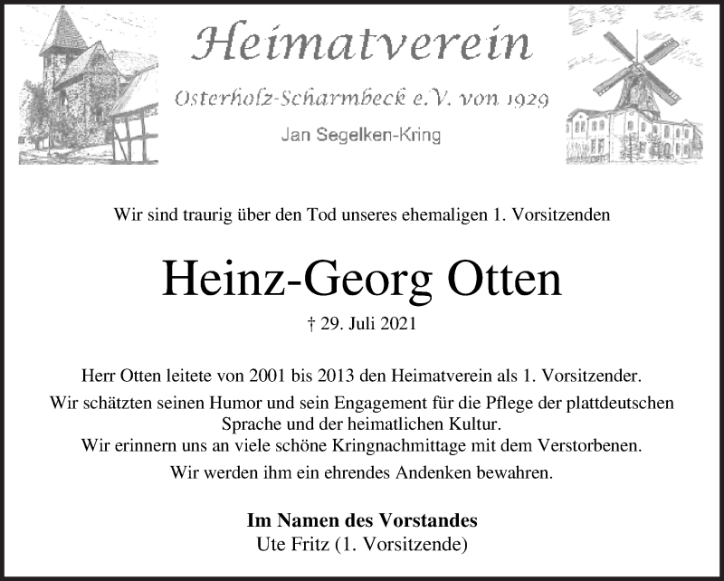 Traueranzeige von Heinz-Georg Otten von Osterholzer Kreisblatt