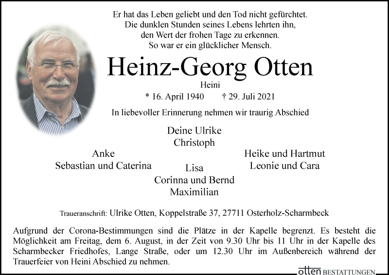 Traueranzeige von Heinz-Georg Otten von Osterholzer Kreisblatt