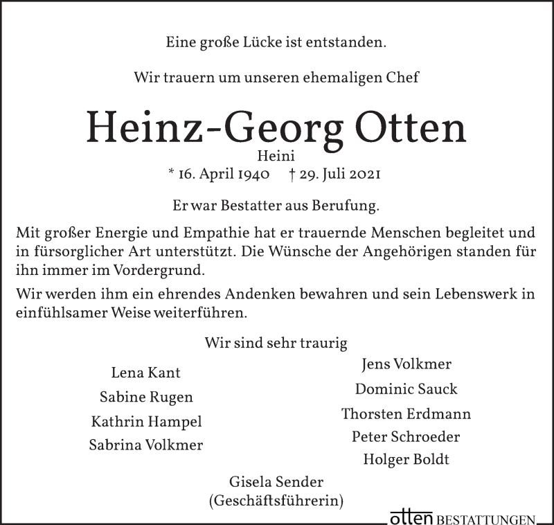 Traueranzeige von Heinz-Georg Otten von Osterholzer Kreisblatt