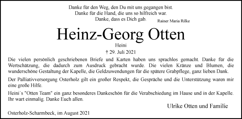 Traueranzeige von Heinz-Georg Otten von Osterholzer Kreisblatt