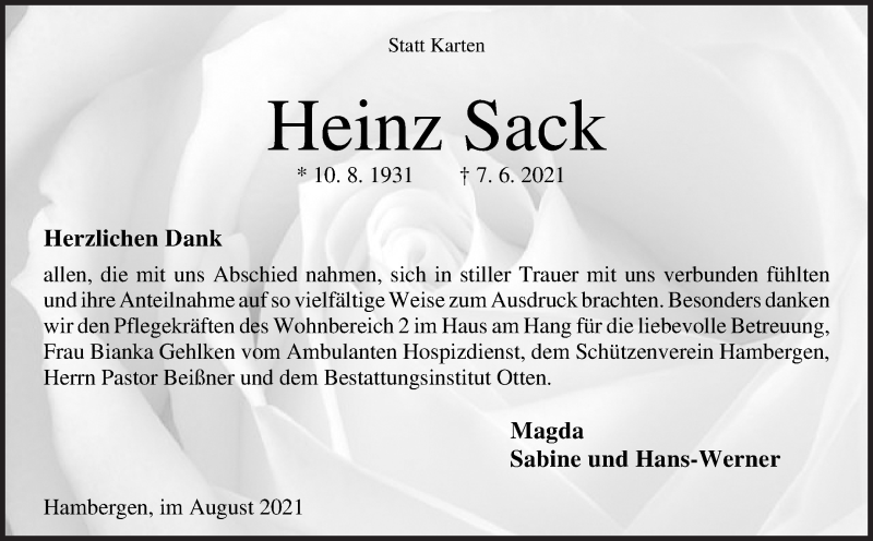 Traueranzeige von Heinz Sack von Osterholzer Kreisblatt