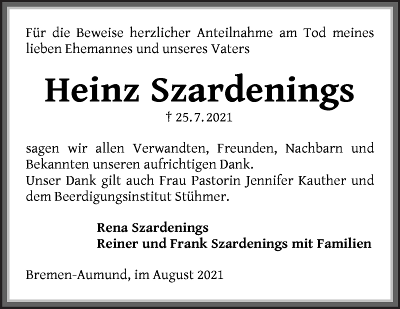 Traueranzeige von Heinz Szardenings von Die Norddeutsche
