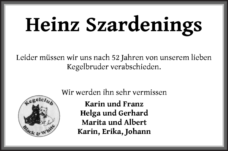 Traueranzeige von Heinz Szardenings von Die Norddeutsche