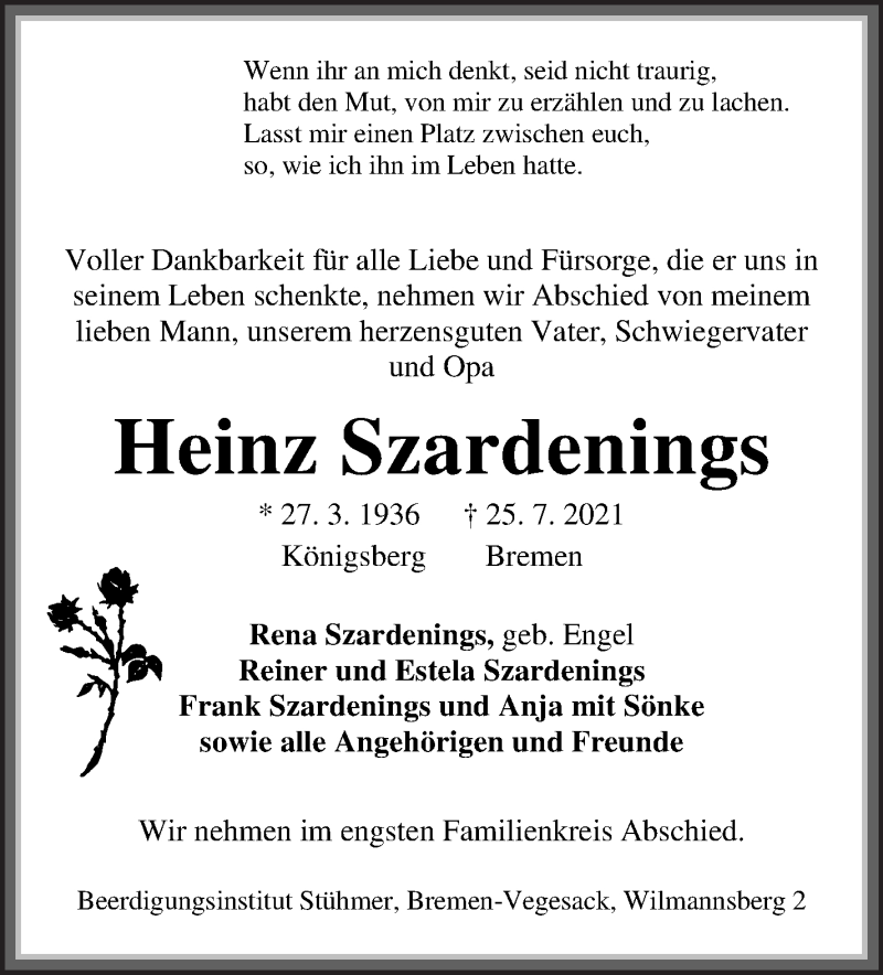 Traueranzeige von Heinz Szardenings von Die Norddeutsche