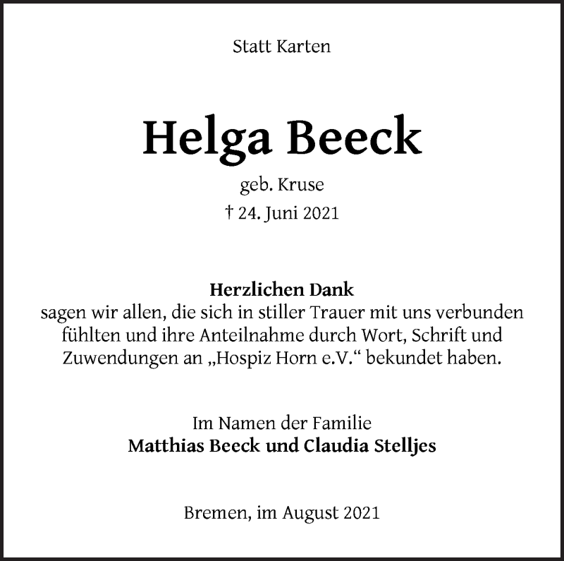 Traueranzeige von Helga Beeck von WESER-KURIER