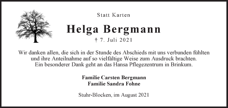 Traueranzeige von Helga Bergmann von Regionale Rundschau/Syker Kurier
