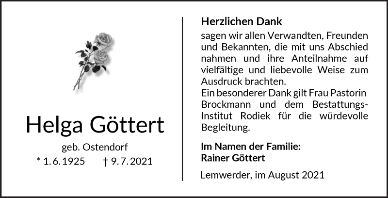 Traueranzeige von Helga Göttert von Die Norddeutsche