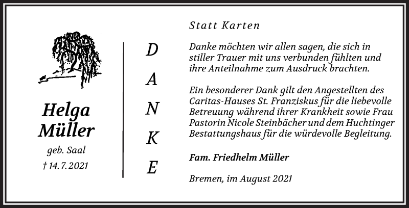 Traueranzeige von Helga Müller von WESER-KURIER