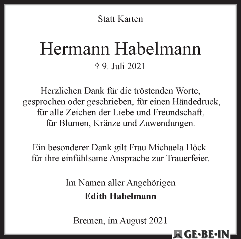 Traueranzeige von Hermann Habelmann von WESER-KURIER