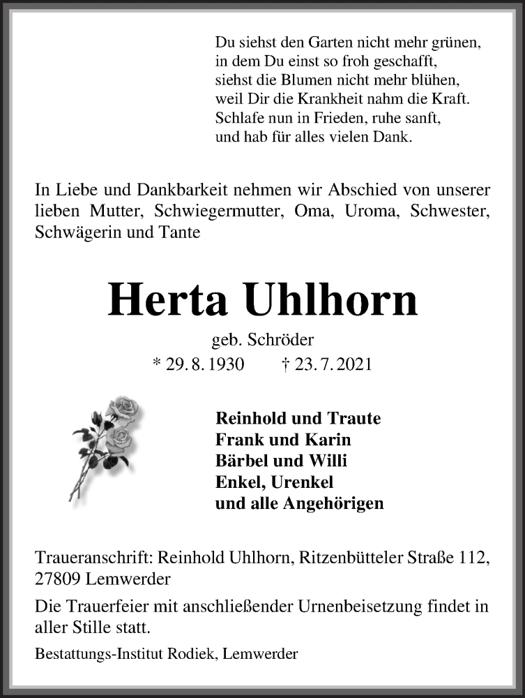 Traueranzeige von Herta Uhlhorn von Die Norddeutsche