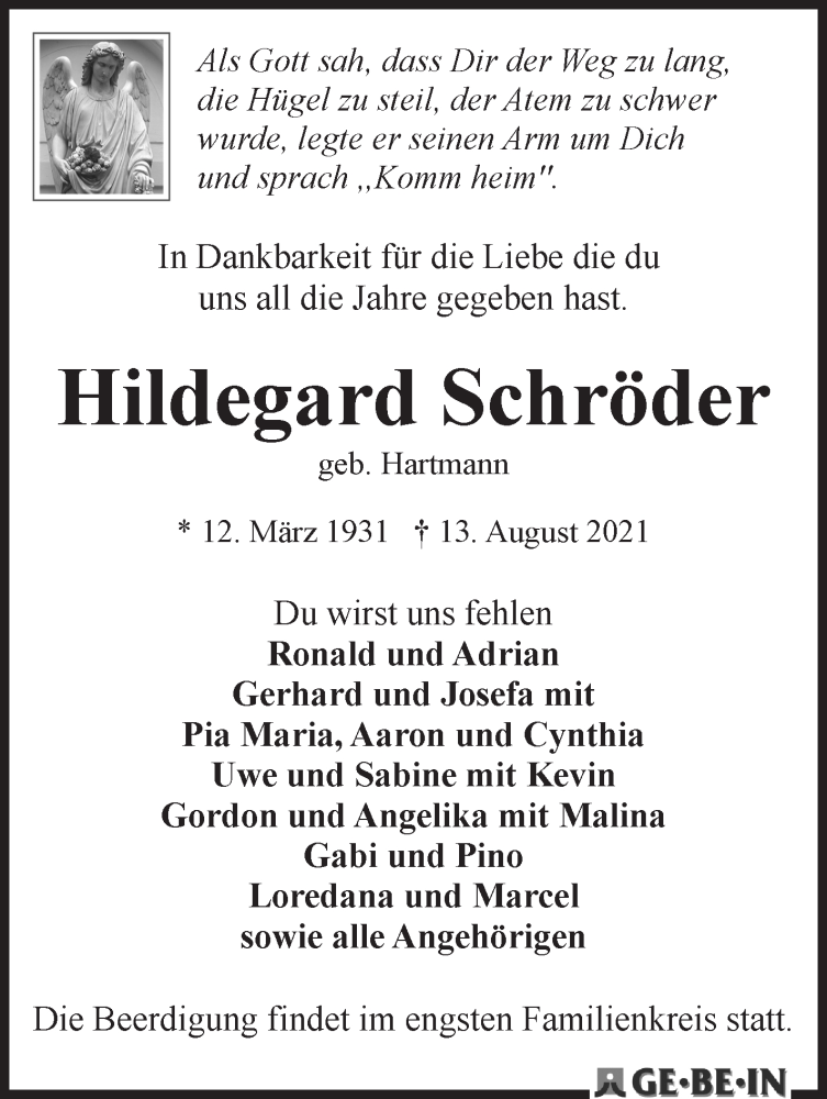 Traueranzeige von Hildegard Schröder von WESER-KURIER