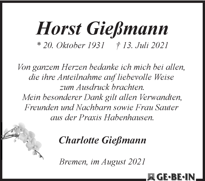 Traueranzeige von Horst Gießmann von WESER-KURIER