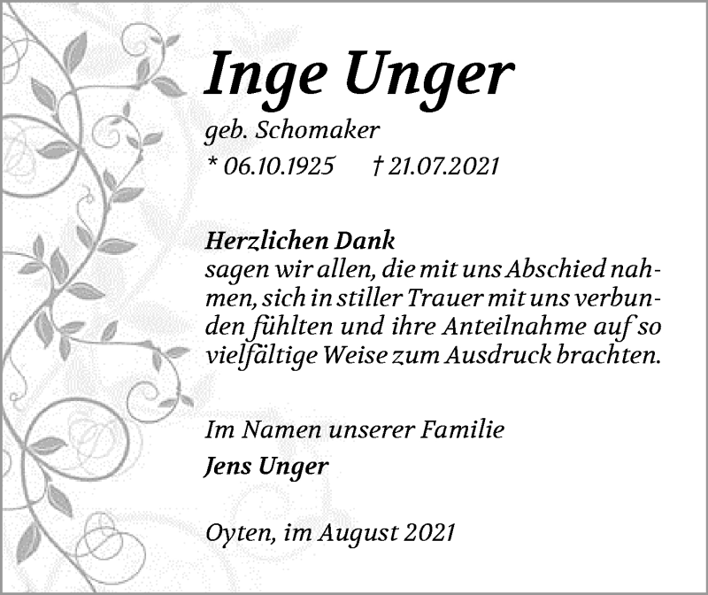 Traueranzeige von Inge Unger von WESER-KURIER
