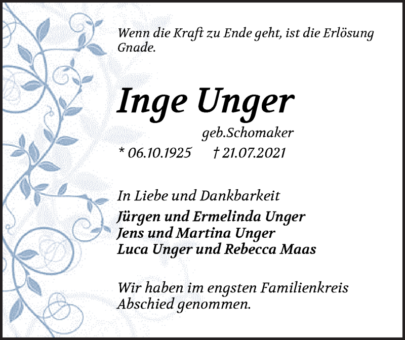 Traueranzeige von Inge Unger von WESER-KURIER