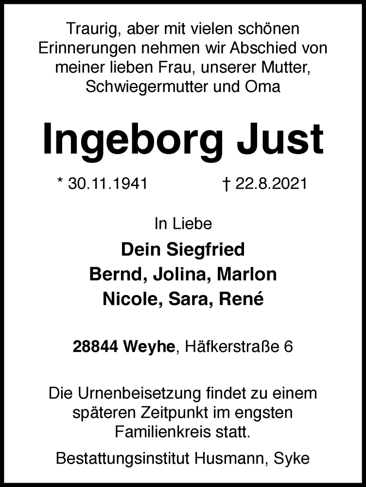 Traueranzeige von Ingeborg Just von WESER-KURIER