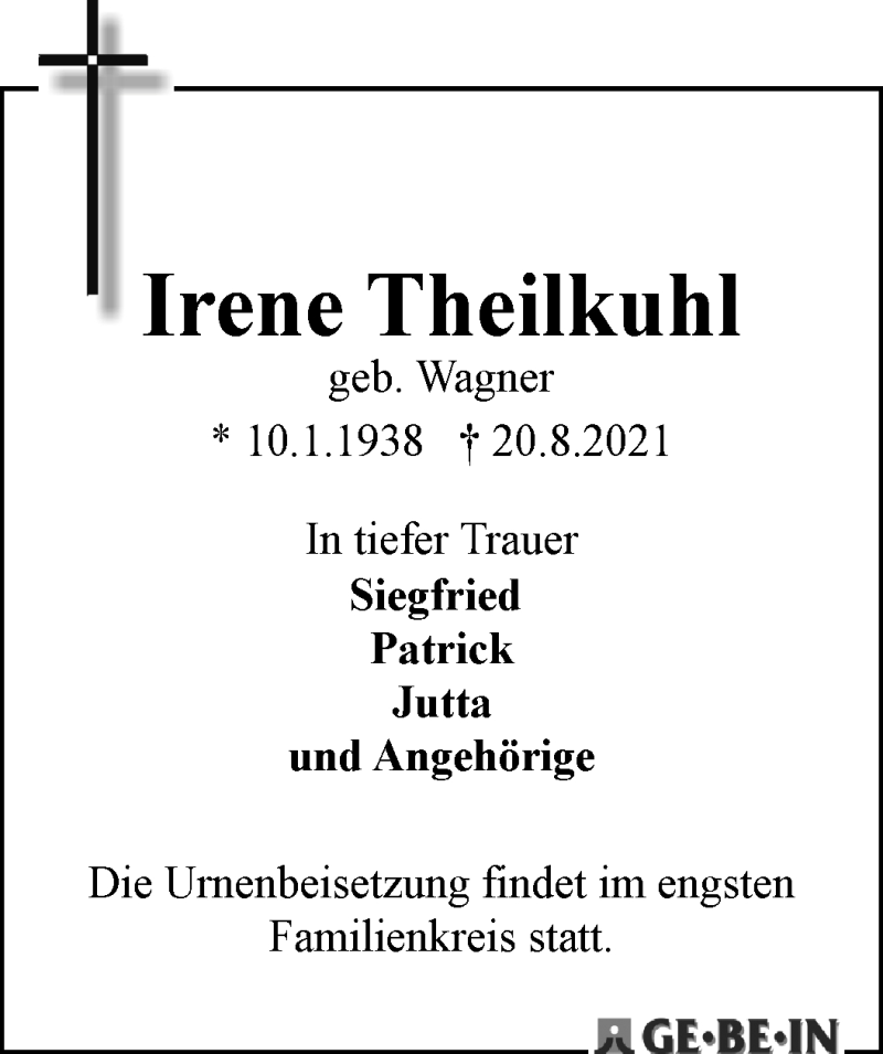 Traueranzeige von Irene Theilkuhl von WESER-KURIER