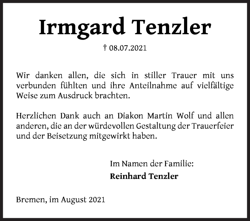 Traueranzeige von Irmgard Tenzler von Die Norddeutsche