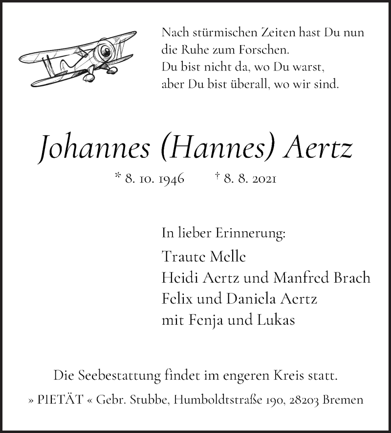 Traueranzeige von Johannes (Hannes) Aertz von WESER-KURIER