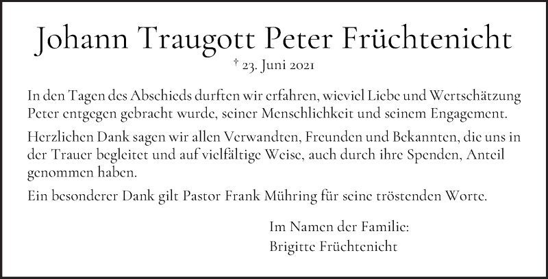 Traueranzeige von Johann Traugott Früchtenicht von WESER-KURIER