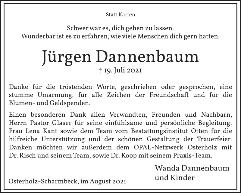 Traueranzeige von Jürgen Dannenbaum von Osterholzer Kreisblatt