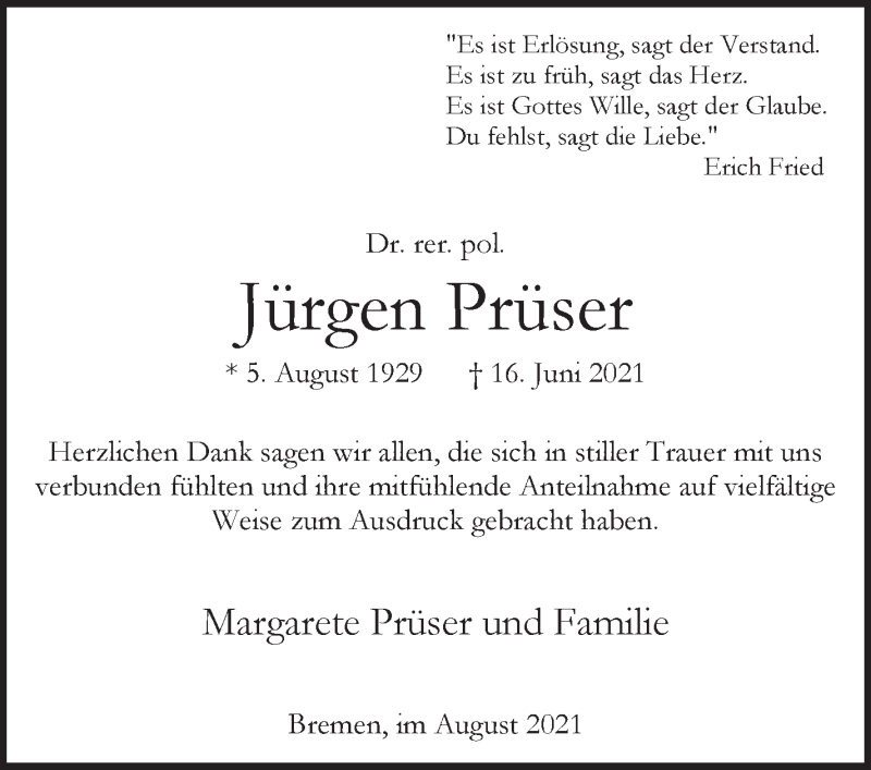 Traueranzeige von Jürgen Prüser von WESER-KURIER