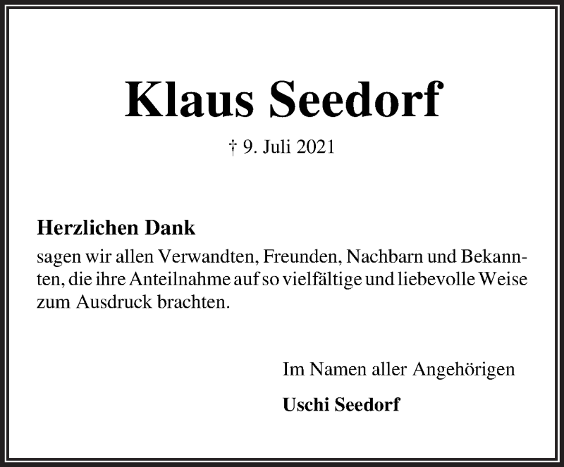 Traueranzeige von Klaus Seedorf von Osterholzer Kreisblatt