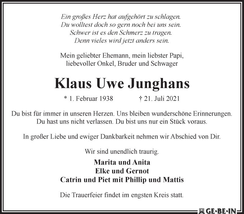 Traueranzeige von Klaus Uwe Junghans von WESER-KURIER