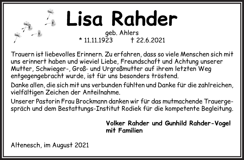 Traueranzeige von Lisa Rahder von Die Norddeutsche