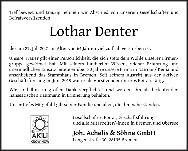 Traueranzeige von Lothar Denter von WESER-KURIER