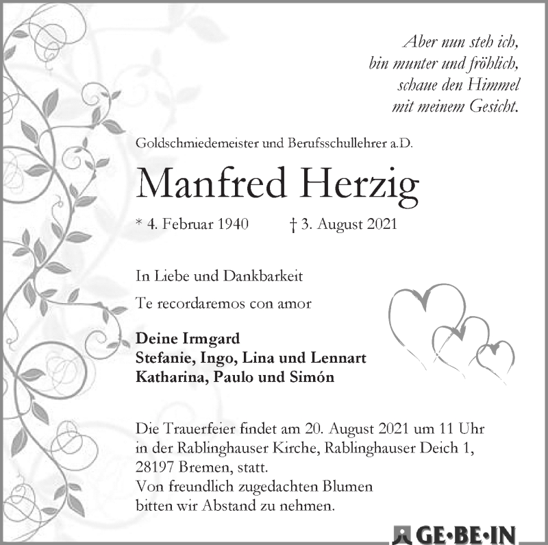 Traueranzeige von Manfred Herzig von WESER-KURIER