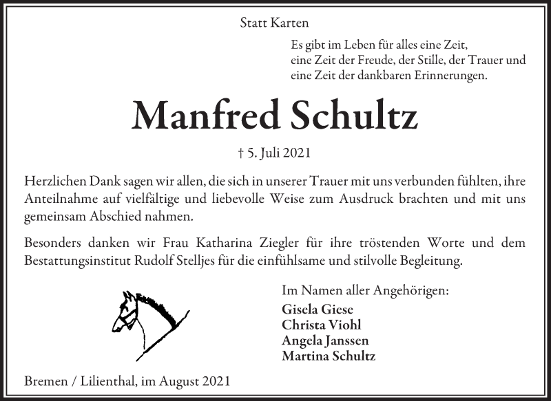 Traueranzeige von Manfred Schultz von Wuemme Zeitung