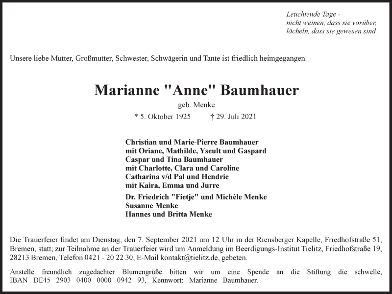 Traueranzeige von Marianne   