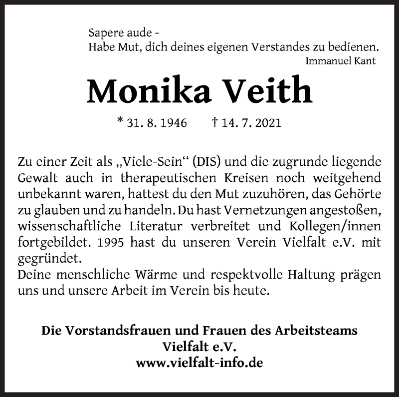 Traueranzeige von Monika Veith von WESER-KURIER