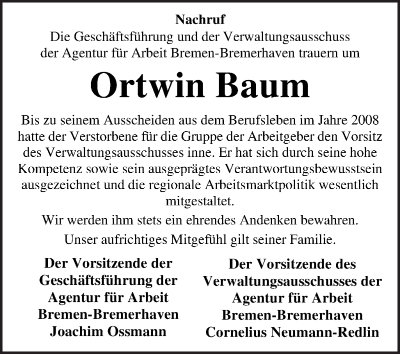 Traueranzeige von Ortwin Baum von WESER-KURIER