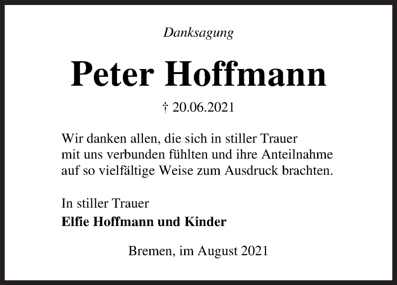 Traueranzeige von Peter Hoffmann von Die Norddeutsche