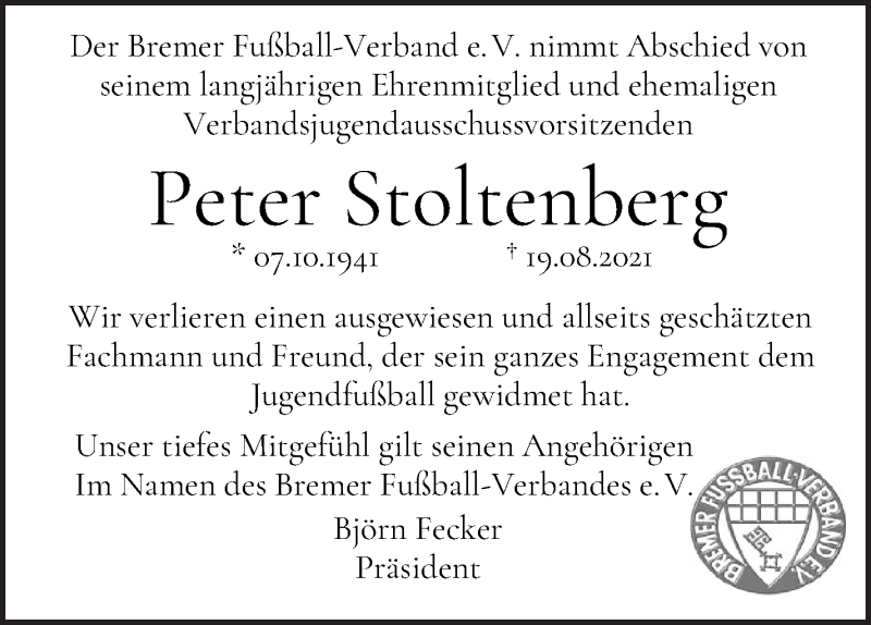 Traueranzeige von Peter Stoltenberg von WESER-KURIER