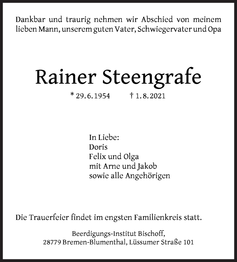 Traueranzeige von Rainer Steengrafe von Die Norddeutsche