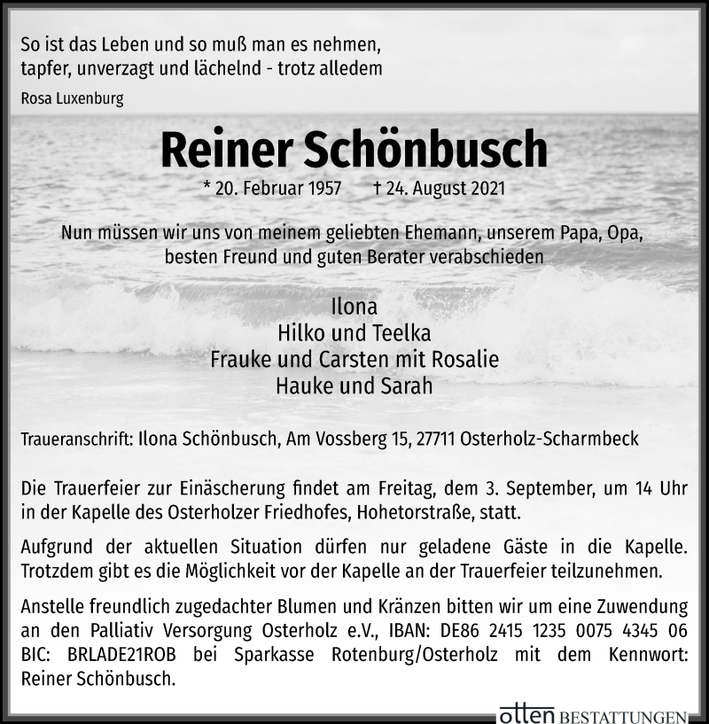 Traueranzeige von Reiner Schönbusch von Osterholzer Kreisblatt