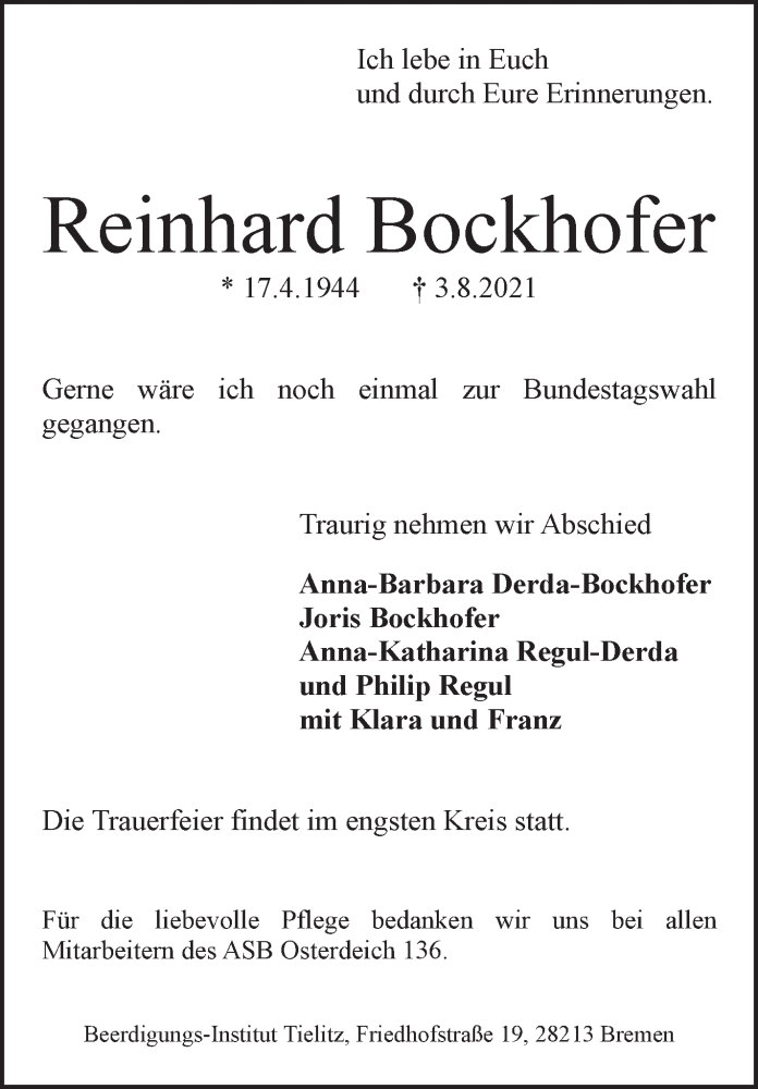 Traueranzeige von Reinhard Bockhofer von WESER-KURIER
