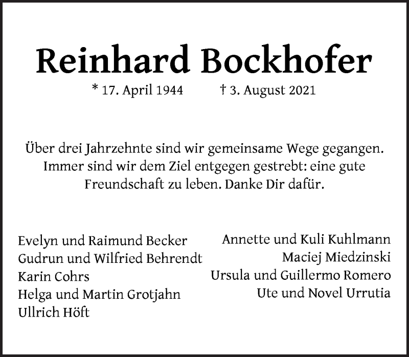 Traueranzeige von Reinhard Bockhofer von WESER-KURIER