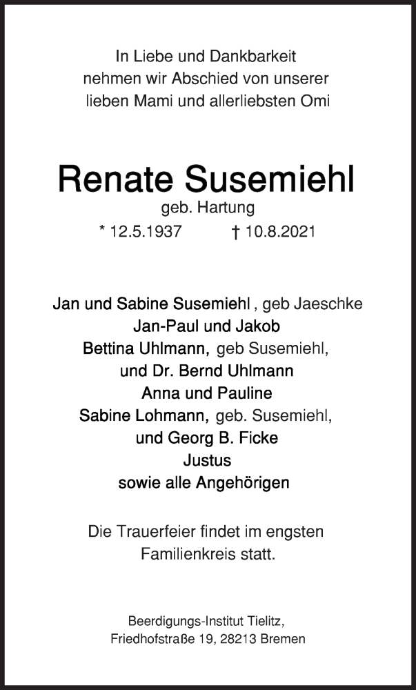Traueranzeige von Renate Susemiehl von WESER-KURIER
