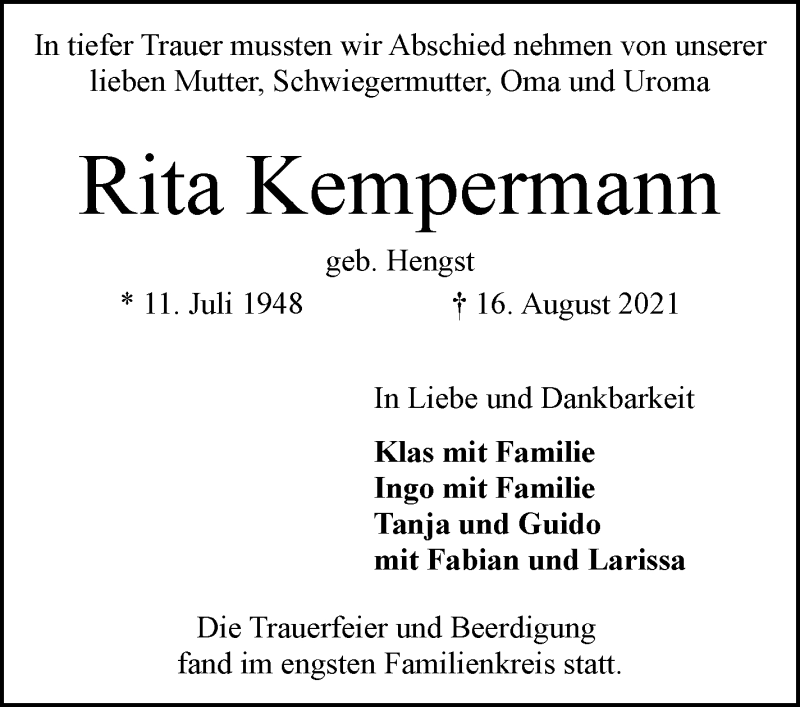 Traueranzeige von Rita Kempermann von WESER-KURIER