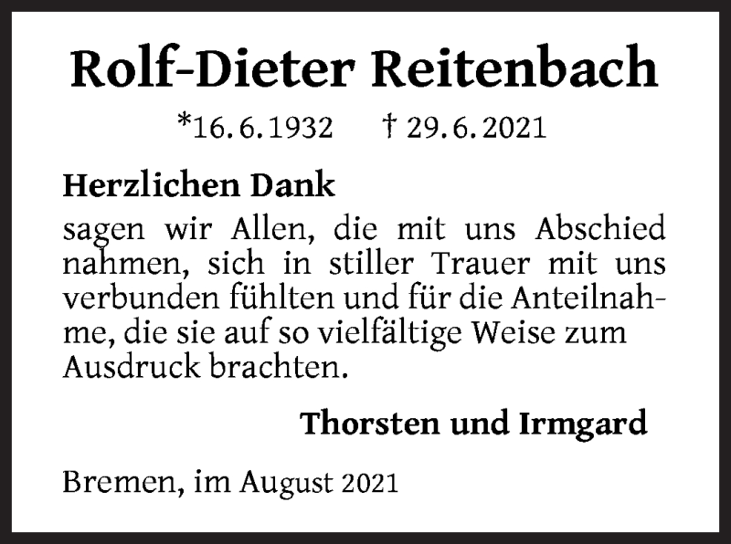 Traueranzeige von Rolf-Dieter Reitenbach von WESER-KURIER