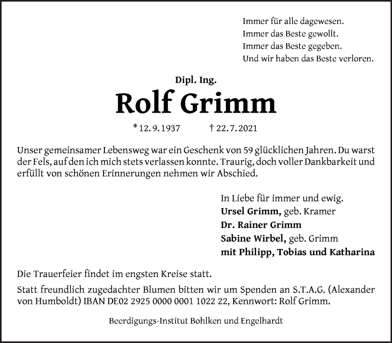 Traueranzeige von Rolf Grimm von WESER-KURIER