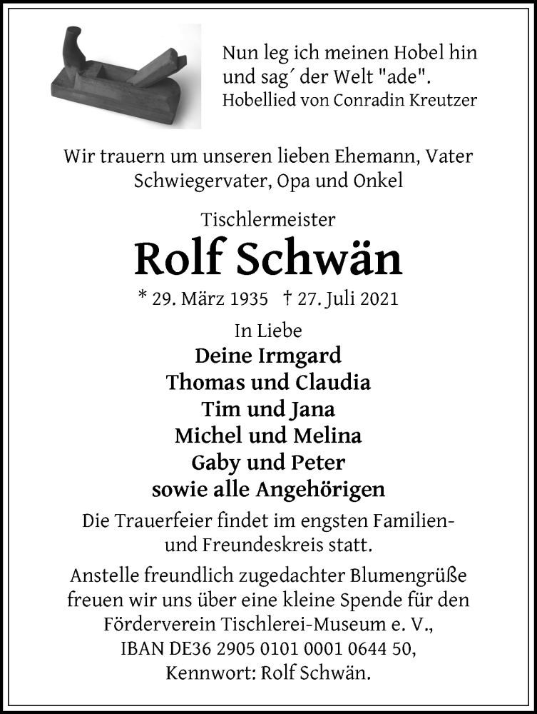 Traueranzeige von Rolf    Schwän von WESER-KURIER