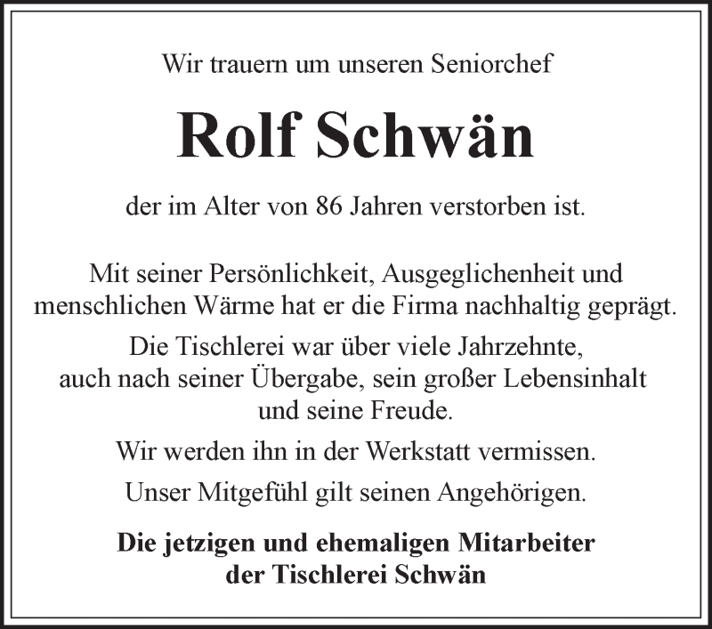 Traueranzeige von Rolf    Schwän von WESER-KURIER